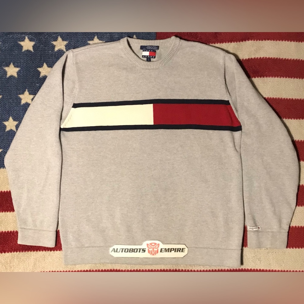 Vintage TOMMY HILFIGER JEANS FLAG Crew Knit Sweater L sportsman Rlpc Rlx Usa Ltd